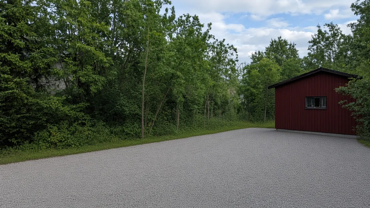 Efter: tomtröjning vid rött uthus i Saltsjö-Boo — Andéns Trädservice (DEMO, AI-genererat exempel, inte ett kundjobb)
